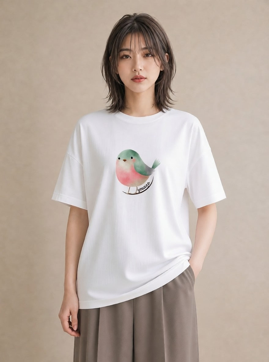Tシャツ レディース ボタンインコ ペット 動物 イラスト 普段使い ママ カフェ服 白T YMAZO