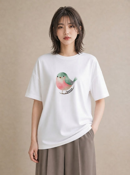 Tシャツ レディース ボタンインコ ペット 動物 イラスト 普段使い ママ カフェ服 白T YMAZO