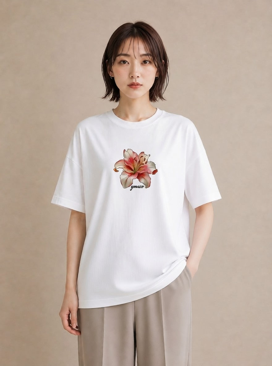 Tシャツ レディース ゆり 百合 花 花柄 イラスト モード 帰省 ラフ 白T YMAZO