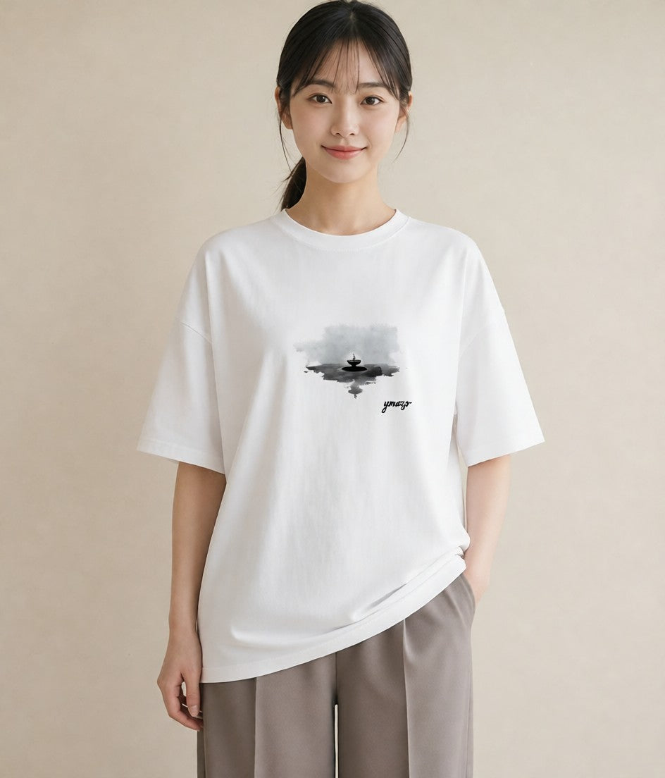 デザインTシャツ レディース 街灯 夜霧 夜 ナチュラル アンティーク イラスト ポップ ママ カフェ服 白T YMAZO