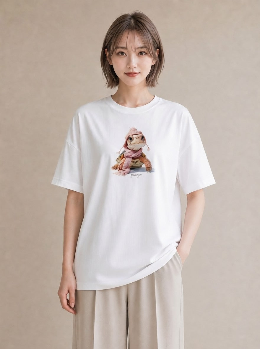 プリントTシャツ レディース カメ ペット 動物 イラスト シック ビーチ デイリーウェア 白T YMAZO