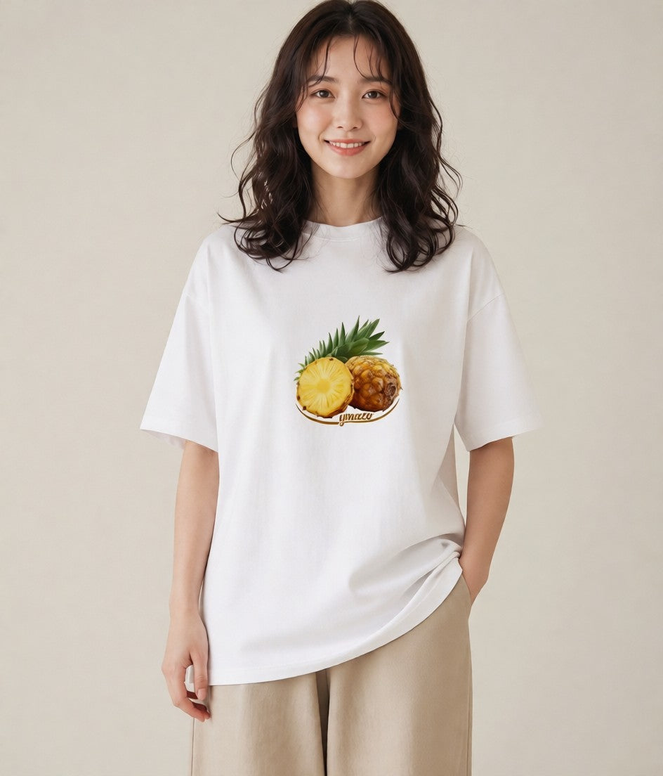 デザインTシャツ レディース パイナップル 食べ物 フード イラスト ゆるかわ 社会人 女性 白T YMAZO