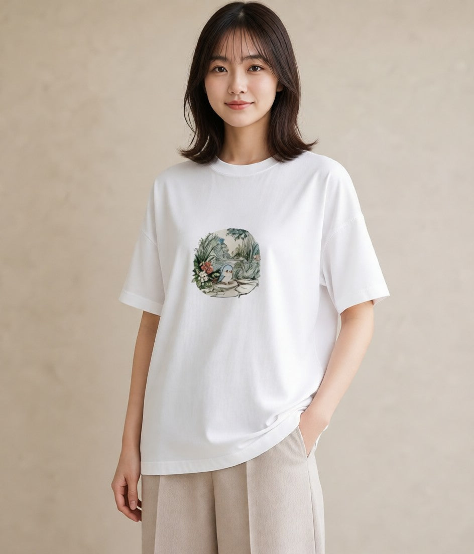デザインTシャツ レディース 遠い家と鳥 風景 鳥 ナチュラル アンティーク イラスト ガーリー 友達ギフト 部屋着 白T YMAZO