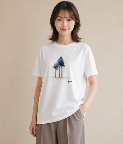 Tシャツ レディース 遠い家と鳥 風景 鳥 ナチュラル アンティーク イラスト 個性的 ラフ レイヤード 白T YMAZO
