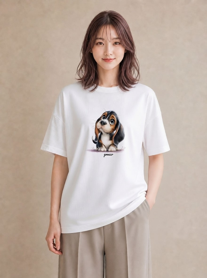 半袖Tシャツ レディース わんこ 犬 いぬ イラスト きれいめカジュアル カフェ服 クリスマス 白T YMAZO