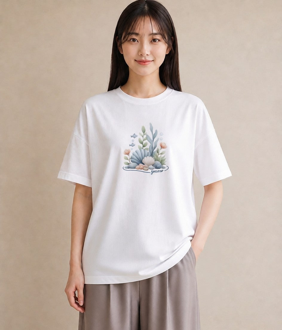 半袖Tシャツ レディース サンゴ 海の生き物 海 イラスト ラフ 自分用 ルームウェア 白T YMAZO