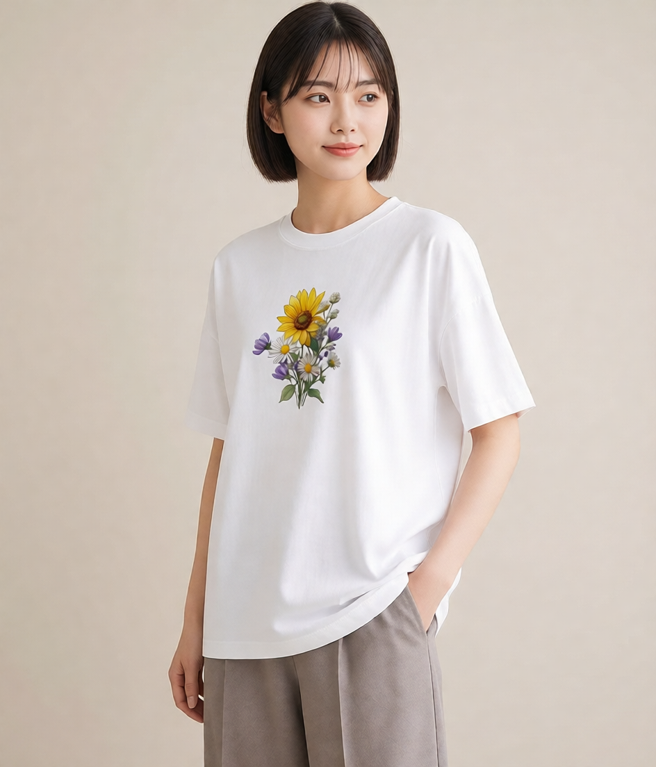 半袖Tシャツ レディース マーガレット 花 花柄 イラスト 送別ギフト 通勤 白T