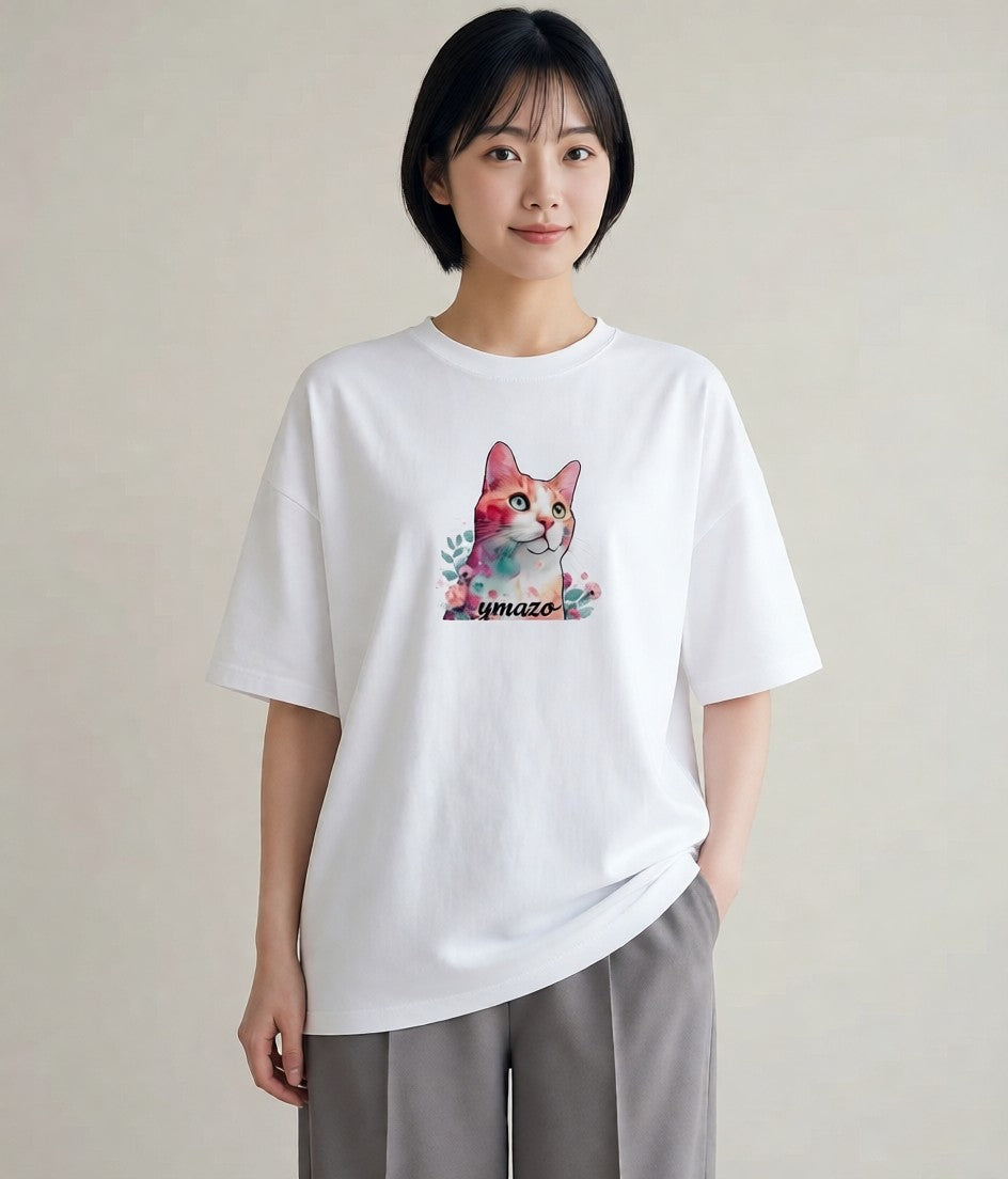 プリントTシャツ レディース ねこ 猫 ネコ イラスト 水彩風 母の日 ビーチ 白T YMAZO