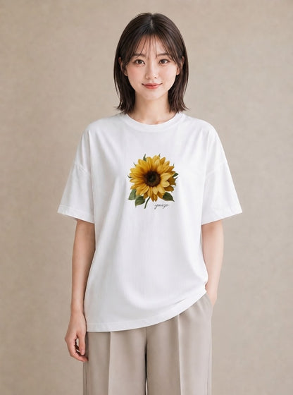 Tシャツ レディース ひまわり 向日葵 花 花柄 イラスト ミニマル 買い物 夏コーデ 白T YMAZO