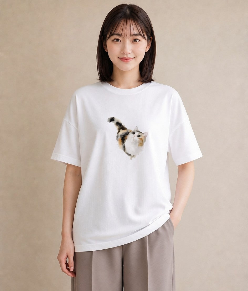 半袖Tシャツ レディース 茶トラ 茶猫 猫 ねこ イラスト 女性向けギフト 散歩 白T YMAZO