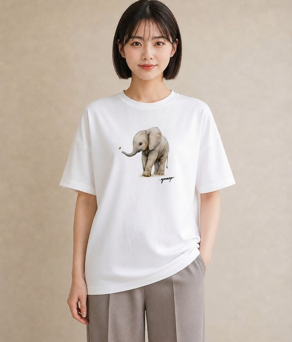プリントTシャツ レディース ぞう 動物 アニマル イラスト シック 春服 ミセス 白T YMAZO