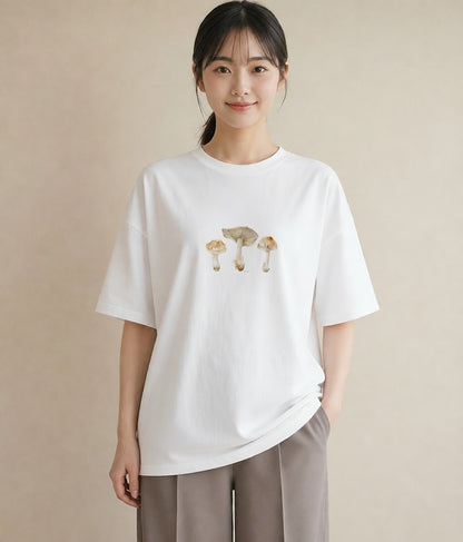 グラフィックTシャツ レディース きのこ 植物 ボタニカル イラスト 上品 ペアコーデ 秋コーデ 白T YMAZO