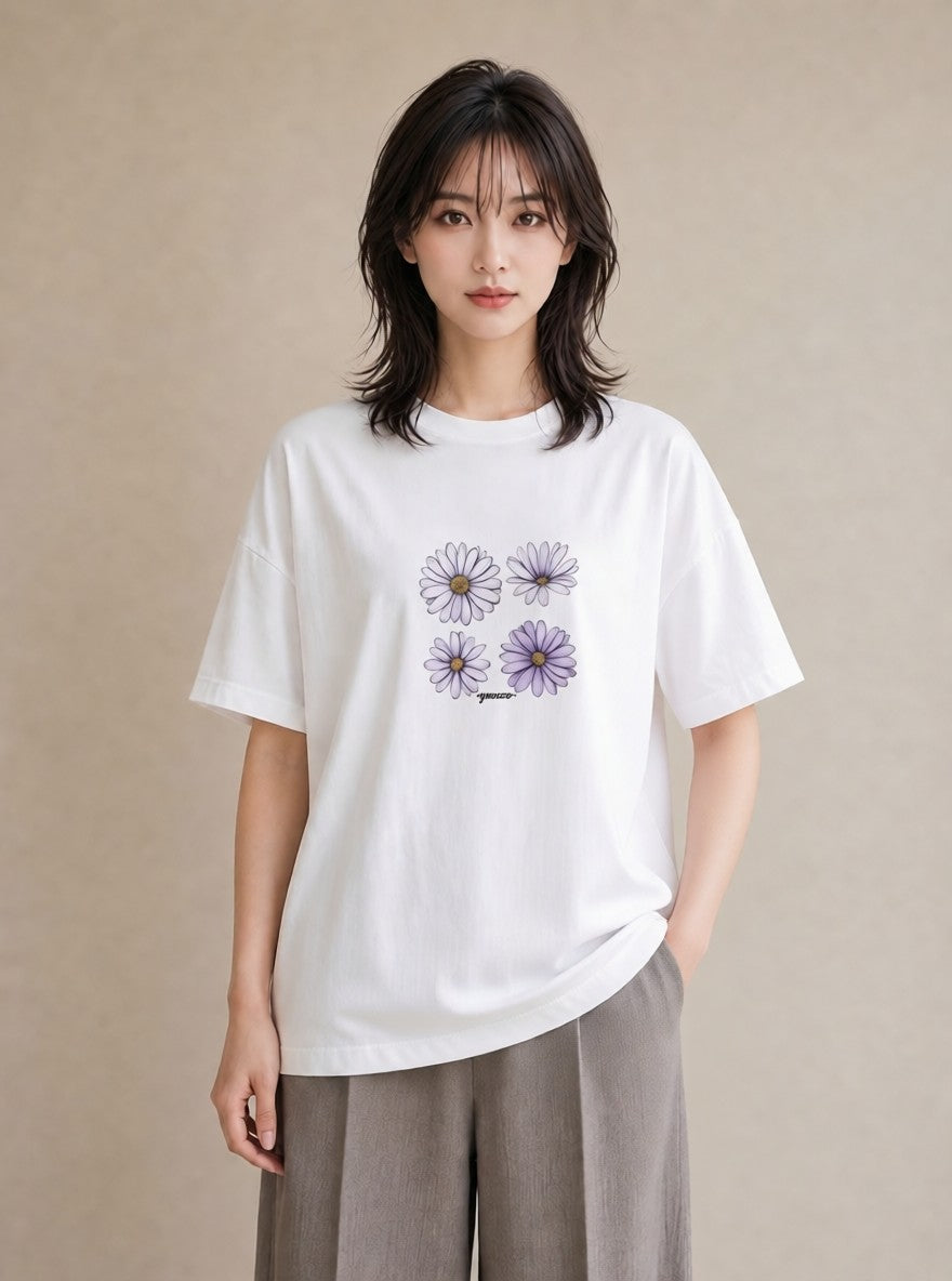 Tシャツ レディース スミレ 花 花柄 イラスト こなれ感 通勤 在宅 白T YMAZO