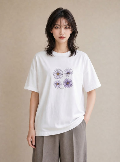 Tシャツ レディース スミレ 花 花柄 イラスト こなれ感 通勤 在宅 白T YMAZO