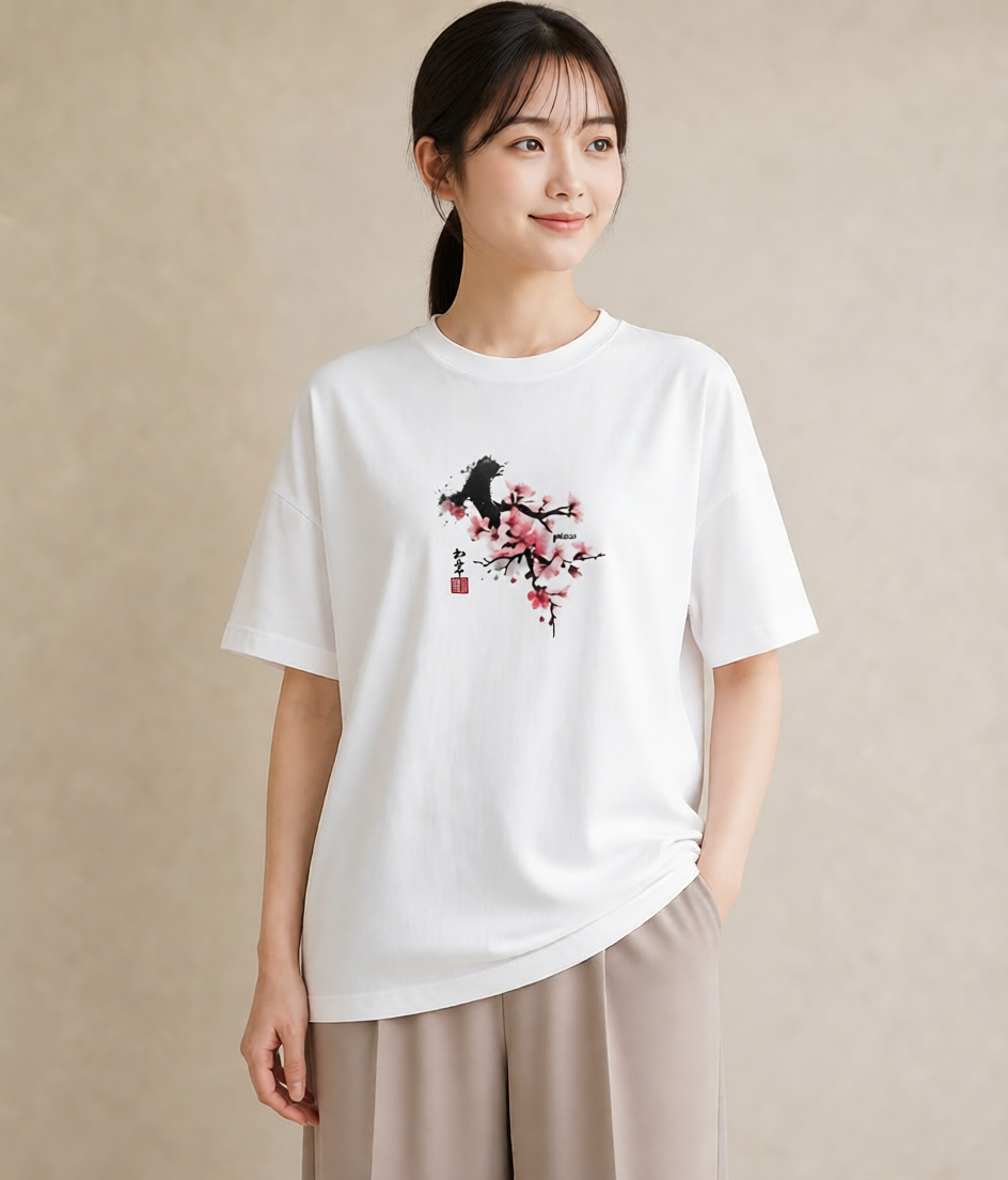 Tシャツ レディース 梅 花 花柄 イラスト モード ルームウェア ギフト 白T YMAZO