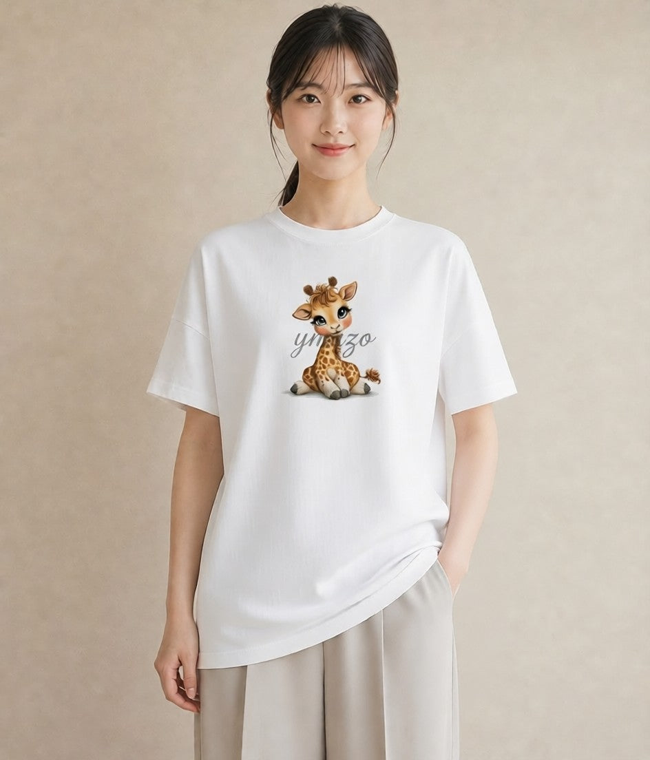 半袖Tシャツ レディース きりん 動物 アニマル イラスト レトロ クリスマス 旅行 白T YMAZO
