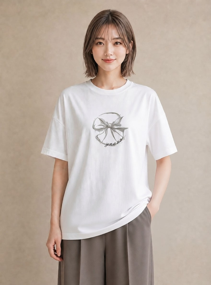 Tシャツ レディース リボン ボウ りぼん イラスト ボタニカル 敬老の日 ホワイトデー 白T YMAZO
