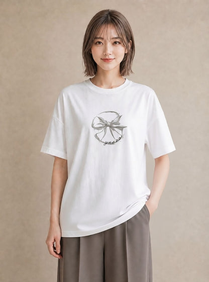 Tシャツ レディース リボン ボウ りぼん イラスト ボタニカル 敬老の日 ホワイトデー 白T YMAZO