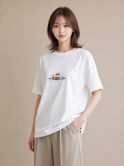 半袖Tシャツ レディース コーヒー 珈琲 カフェ 食べ物 フード イラスト 女性 旅行用 白T YMAZO