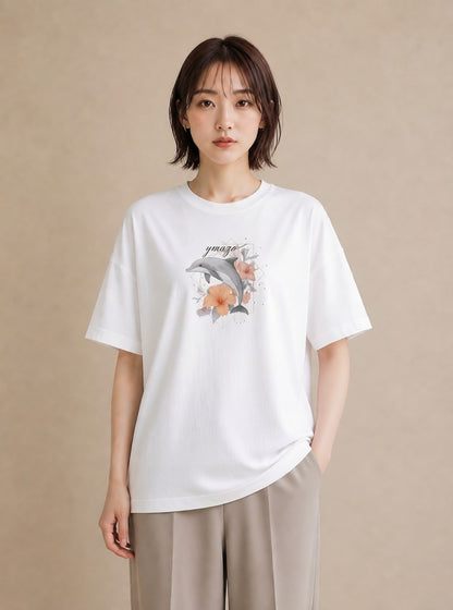 プリントTシャツ レディース イルカ 海の生き物 海 イラスト ミニマル 秋コーデ おしゃれギフト 白T YMAZO