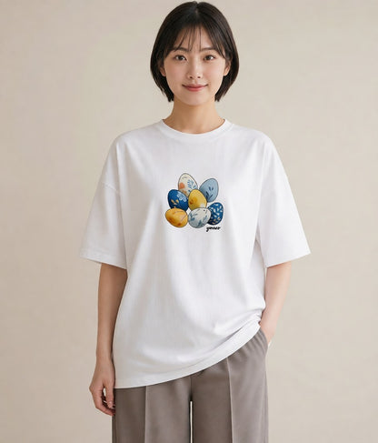Tシャツ レディース たまご 食べ物 フード イラスト 上品 女子会 お揃い 白T YMAZO
