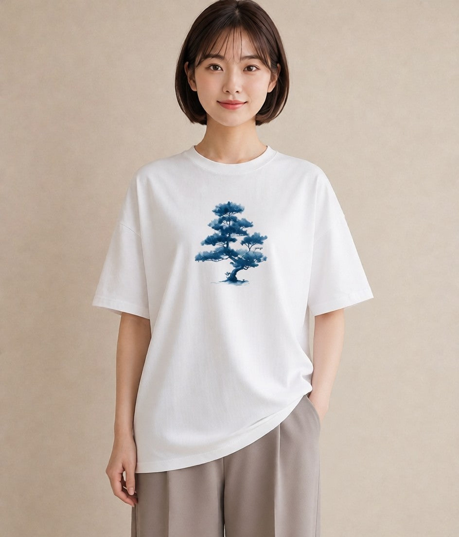 半袖Tシャツ レディース 青の水彩 風景 ブルー ナチュラル アンティーク イラスト ママ カフェ服 白T YMAZO