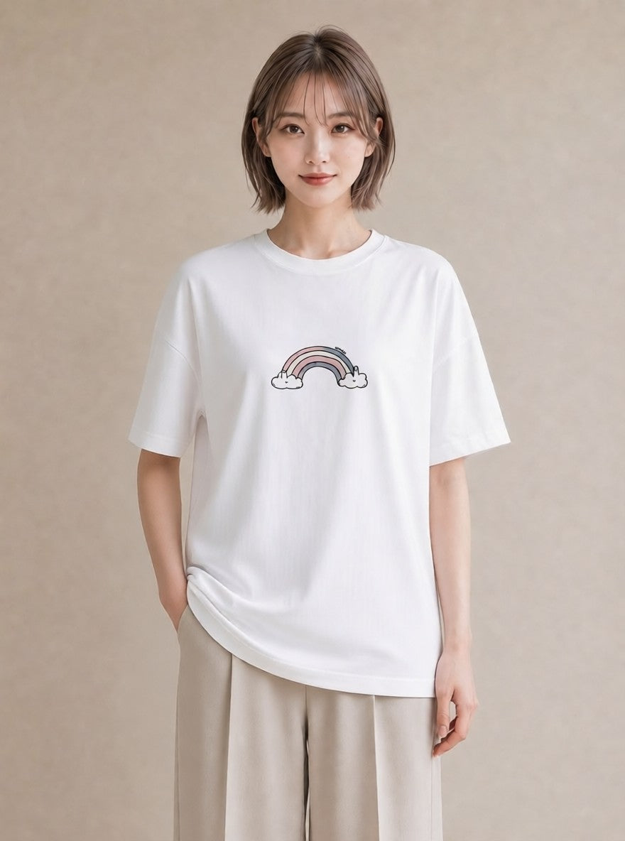 グラフィックTシャツ レディース 虹 星空 宇宙 イラスト 休日 ペアコーデ 白T YMAZO