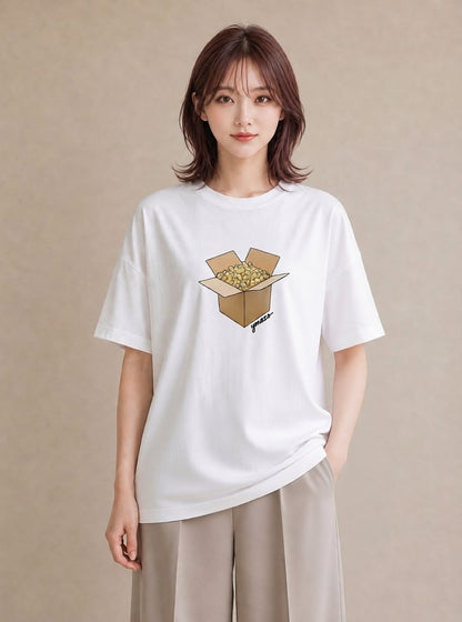 プリントTシャツ レディース ポップコーン 食べ物 フード イラスト 手描き風 夏コーデ 通学 白T YMAZO