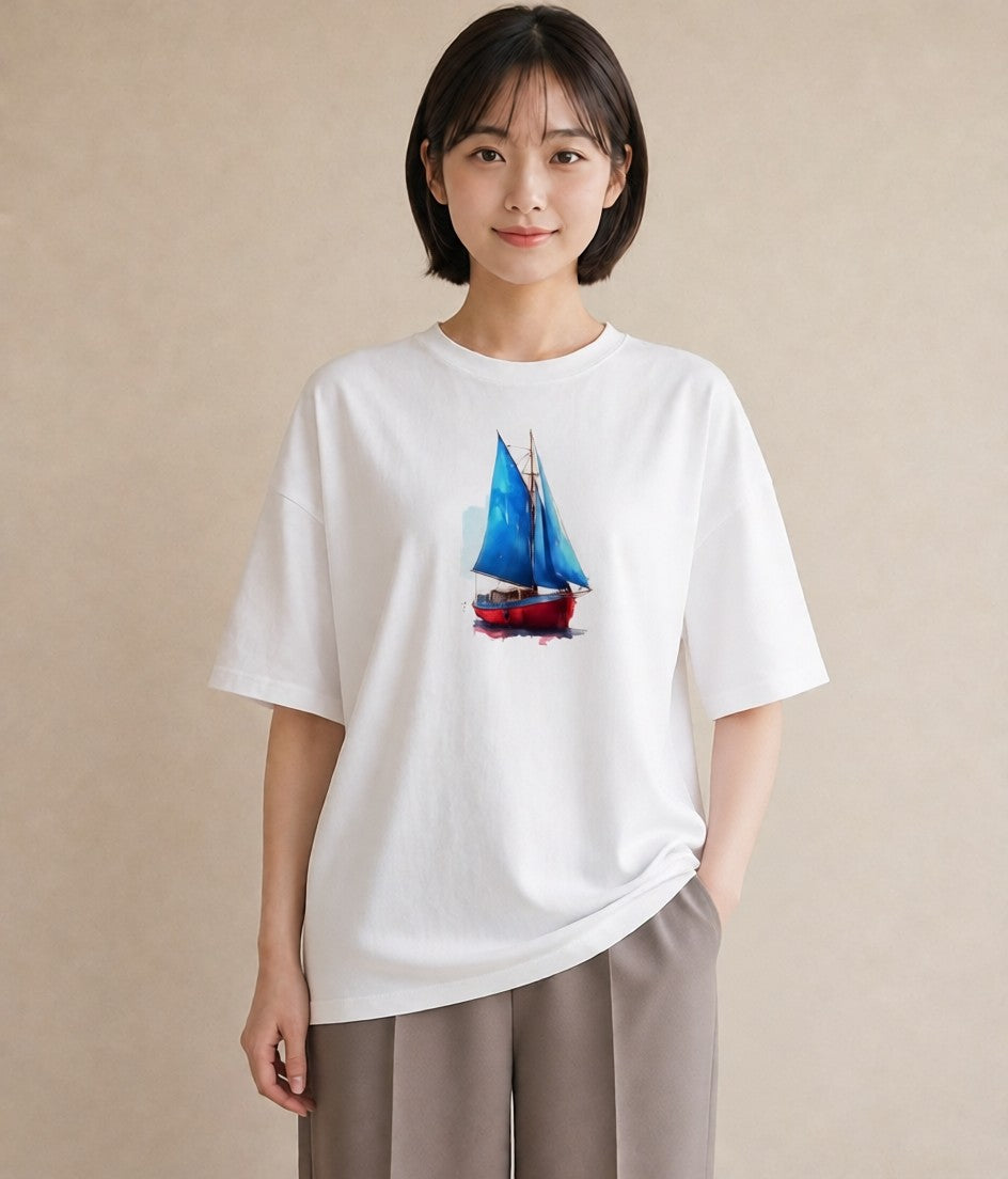 半袖Tシャツ レディース 紙の船 水辺 ナチュラル アンティーク イラスト 手描き風 姉妹 送別ギフト 白T YMAZO
