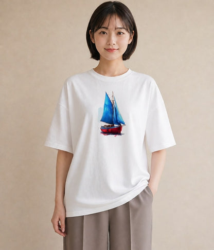 半袖Tシャツ レディース 紙の船 水辺 ナチュラル アンティーク イラスト 手描き風 姉妹 送別ギフト 白T YMAZO
