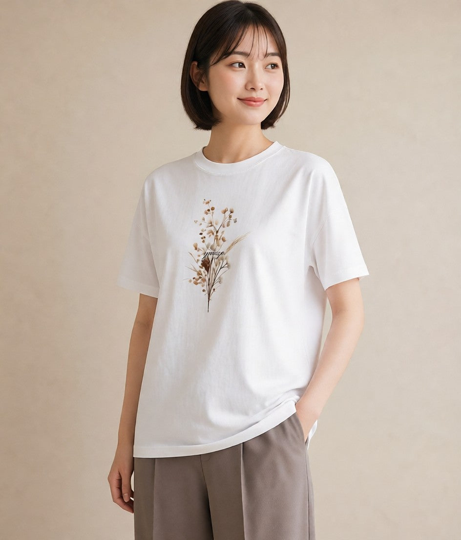Tシャツ レディース ガラス瓶 小枝 ボタニカル ナチュラル アンティーク イラスト アート風 女性向けギフト 散歩 白T YMAZO