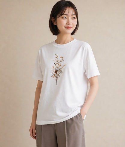 Tシャツ レディース ガラス瓶 小枝 ボタニカル ナチュラル アンティーク イラスト アート風 女性向けギフト 散歩 白T YMAZO