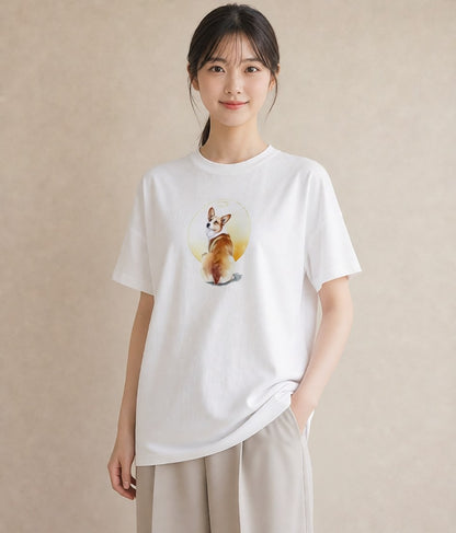 デザインTシャツ レディース ウェルシュコーギー コーギー 犬 いぬ イラスト 水彩風 女性向けギフト 散歩 白T YMAZO