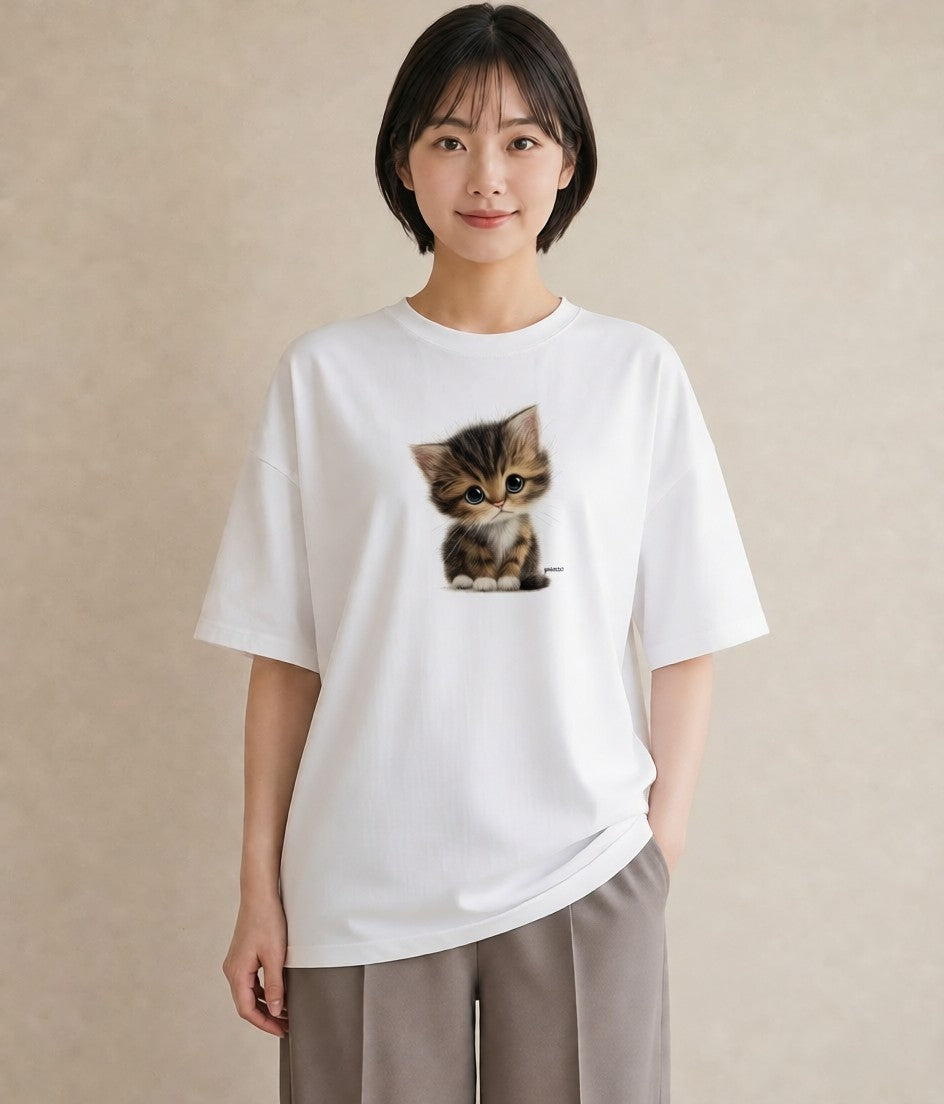 プリントTシャツ レディース 子猫 猫 ねこ イラスト こなれ感 カフェ巡り 女子会 白T YMAZO