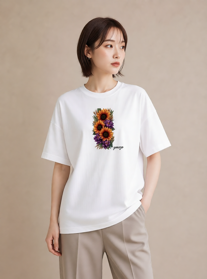 プリントTシャツ レディース ひまわり 向日葵 花 花柄 イラスト アート風 ルームウェア ギフト 白T YMAZO