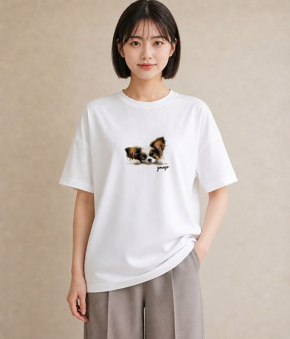 グラフィックTシャツ レディース パピヨン 犬 いぬ イラスト きれいめ ミセス 春コーデ 白T YMAZO