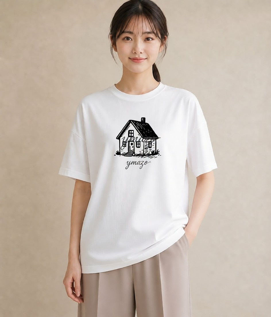 グラフィックTシャツ レディース 灯りの家 小屋 夜 ナチュラル アンティーク イラスト きれいめ カフェ巡り 女子会 白T YMAZO