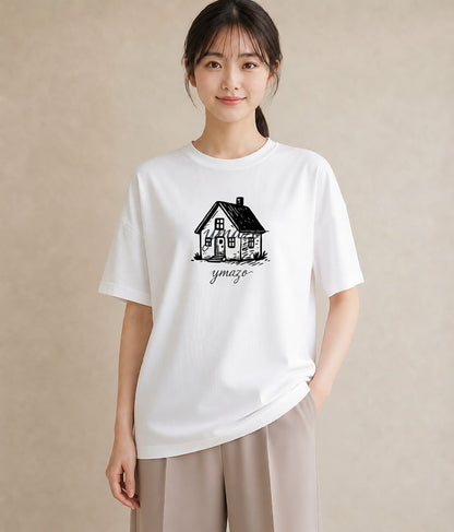 グラフィックTシャツ レディース 灯りの家 小屋 夜 ナチュラル アンティーク イラスト きれいめ カフェ巡り 女子会 白T YMAZO
