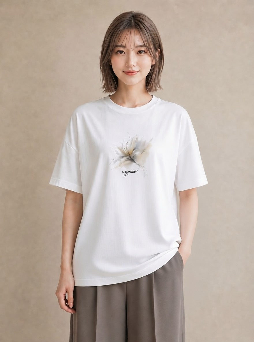 プリントTシャツ レディース ゆり 百合 花 花柄 イラスト 可愛い カジュアルコーデ 買い物 白T YMAZO
