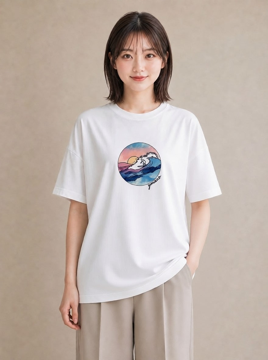 半袖Tシャツ レディース 波 星空 宇宙 イラスト 水彩風 おしゃれギフト 社会人 白T YMAZO
