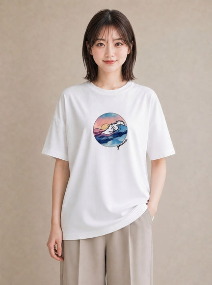 半袖Tシャツ レディース 波 星空 宇宙 イラスト 水彩風 おしゃれギフト 社会人 白T YMAZO