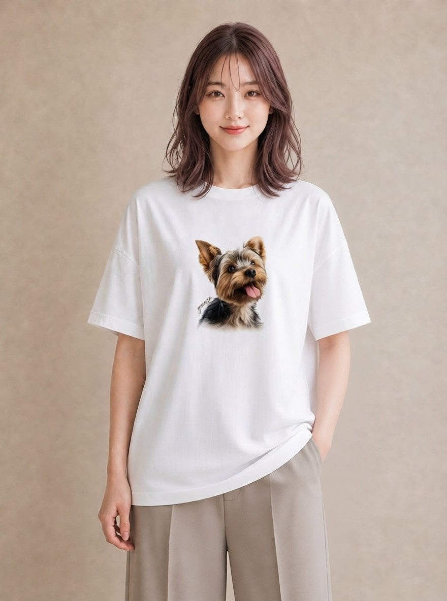 グラフィックTシャツ レディース ヨークシャーテリア 犬 いぬ イラスト 韓国風 誕生日プレゼント 綿100 白T YMAZO