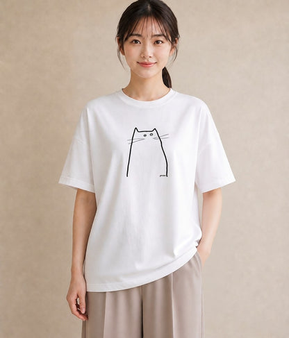 プリントTシャツ レディース 猫 ねこ ネコ イラスト きれいめ 敬老の日 ホワイトデー 白T YMAZO