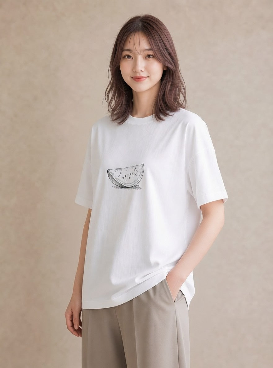 Tシャツ レディース メロン 食べ物 フード イラスト ニュアンス 母の日 ビーチ 白T YMAZO