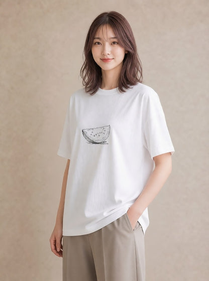 Tシャツ レディース メロン 食べ物 フード イラスト ニュアンス 母の日 ビーチ 白T YMAZO