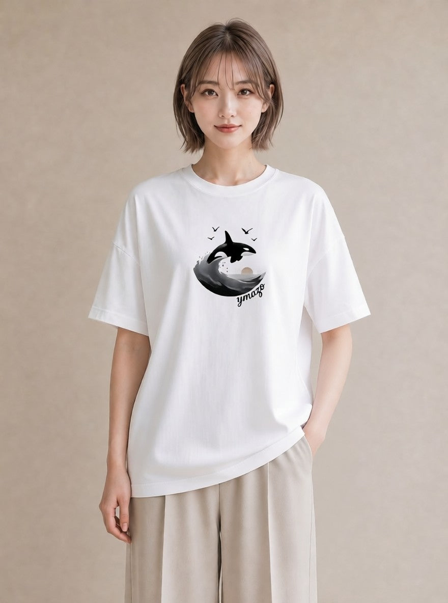 半袖Tシャツ レディース シャチ 海の生き物 海 イラスト 個性的 夏コーデ 通学 白T YMAZO