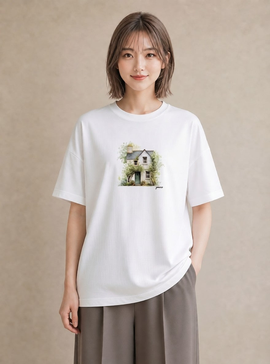 半袖Tシャツ レディース 湖畔の小屋 湖 小屋 ナチュラル アンティーク イラスト シック ラフ レイヤード 白T YMAZO