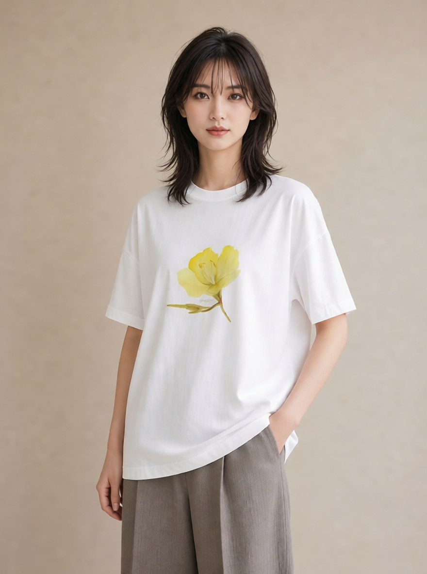 Tシャツ レディース パンジー 花 花柄 イラスト ゆるかわ 普段着 週末コーデ 白T
