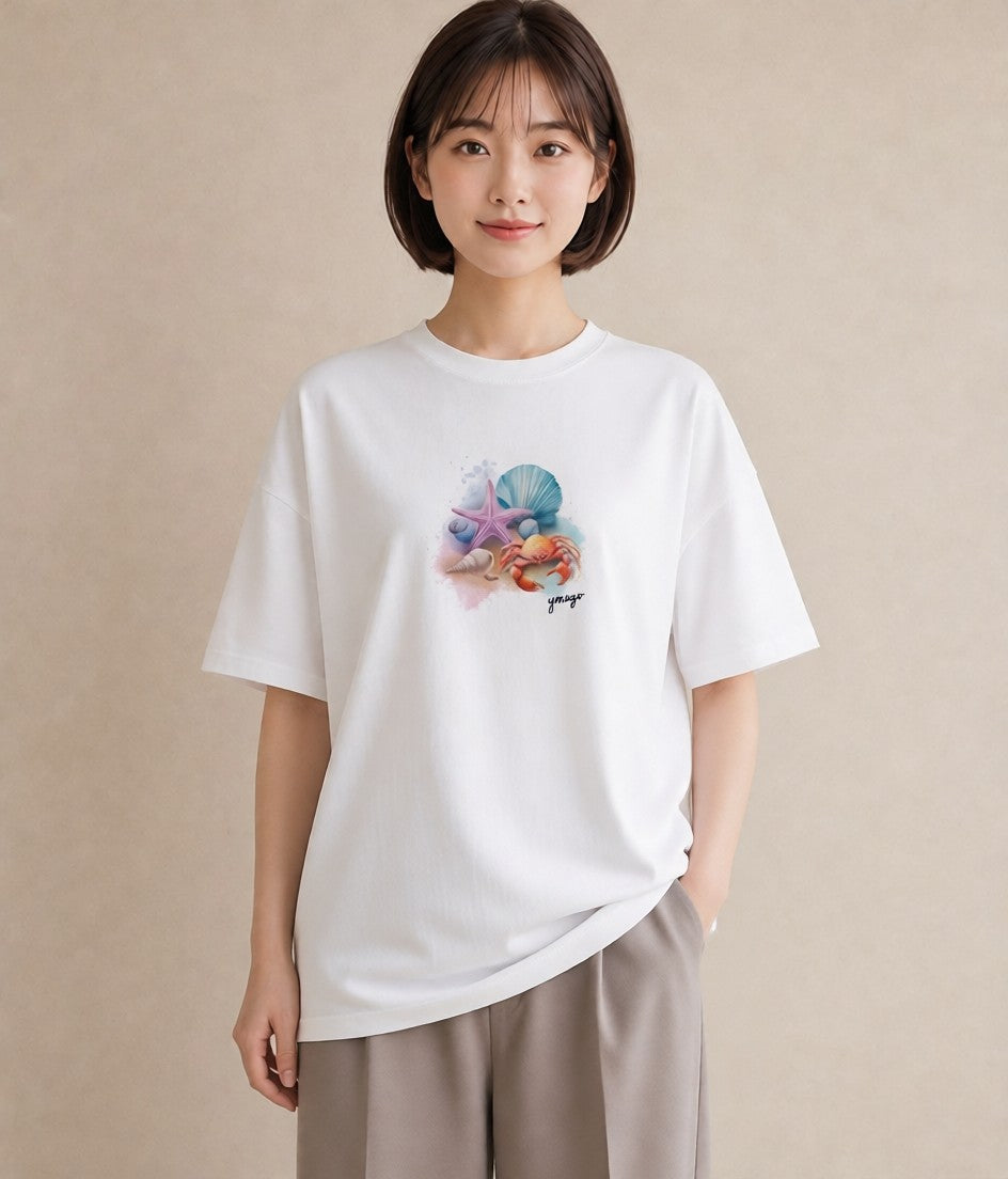 半袖Tシャツ レディース カニ 海の生き物 海 イラスト ユニーク 親子 20代 白T YMAZO