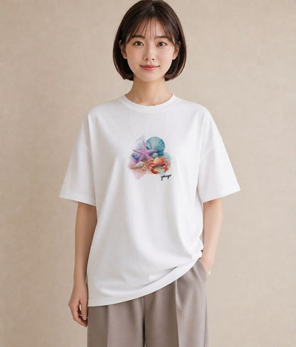 半袖Tシャツ レディース カニ 海の生き物 海 イラスト ユニーク 親子 20代 白T YMAZO